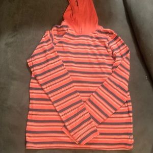 Clarence Ripzone coral and navy striped hoodie shirt
